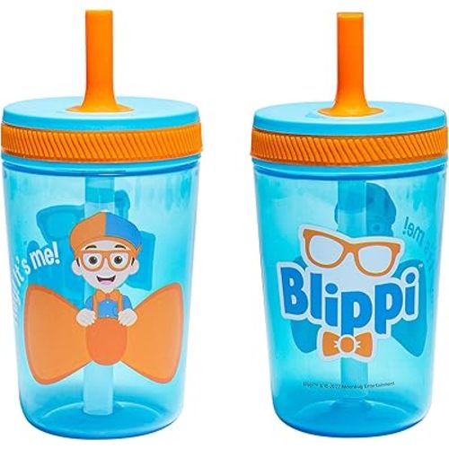Zak Designs Blippi Kelso Toddler Cups For Travel or At Home, 15oz 2-Pack Durable Plastic Sippy Cups With Leak-Proof Design is Perfect For Kids (Blippi)