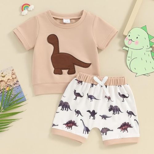 Twopumpkin Summer Toddler Boy Baby Clothes Short Sleeve T Shirts Top And Shorts Infant Neutral Outfit 6 9 12 18 24 Month 2t - 6-12 Months - Dinosaur Print Khaki
