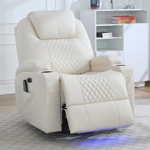 WISHDEER Power Swivel Rocker Recliner Chair for Adults - Oversized Rocking Recliner with Heat and Massage/Cup Holder/LED Lights/USB & Type-C Ports/Side Pocket for Living Room (Beige, 1-Seater)
