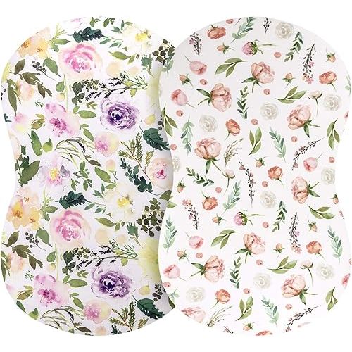 Pobibaby - 2 Pack Premium Bassinet Sheets for Standard Bassinets - Ultra-Soft Premium Knit, Stylish Floral Pattern, Safe and Snug for Baby (Allure)
