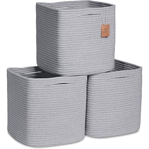 NaturalCozy Storage Cubes 11 Inch Cotton Rope Woven Baskets for Organizing, 3-Pack | Cube Storage Bin | Square Storage Baskets for Shelves Organizer, Classroom, Kids Toy Bins, Closet, Baby Nursery