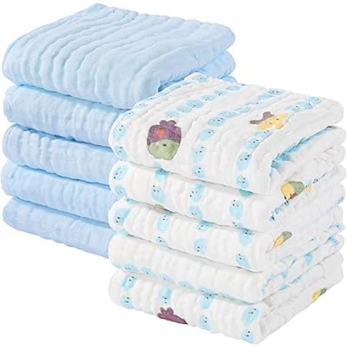 Yoofoss Muslin Baby Washcloths 100% Cotton Face Towels 10 Pack Wash Cloths for Baby 12x12in Soft and Absorbent Baby Wipes (Multicolor)