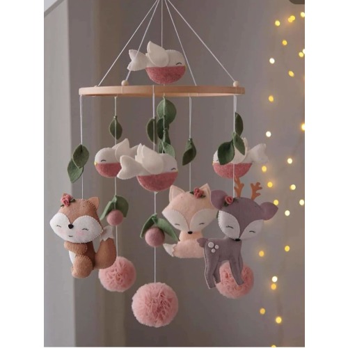 Music Box Mobile Crib Cheerful Raccoon And Birds Baby Room Accessory Mobile Nursery Felt Rabbit Sky Baby Mobile Hanging Star Neutral Mobile