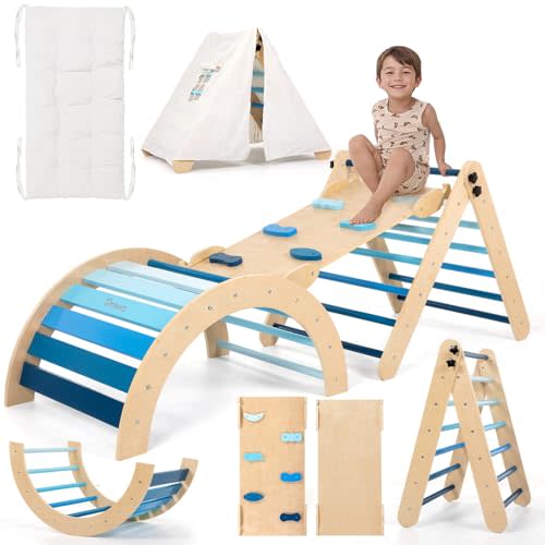 SMILIC Pikler Triangle Set with Cushion, 8-in-1 Toddler Climbing Toys Indoor, Wooden Montessori Climbing Set with Arch Ramp,Ladder&Tent Cloth, Baby Indoor Climber Jungle Gyms for Toddlers Toy, Blue