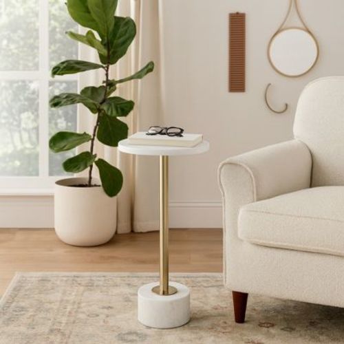 Round End Table or Small Night Stand for Room Decor - Metal Table with Marble Top for Home, Bedroom, or Living Room Styling - 25", Gold & Metallic