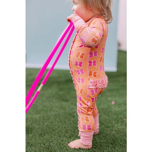 Orange Butterfly Bamboo Ruffle Romper I Poppy Kids Co