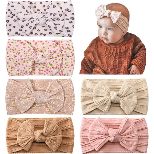 jollybows 6pcs Baby Nylon Headbands Hair Bow Elastics Hairbands Hair Accessories for Baby Girls Newborn Infant Toddlers Kids (Upgrade patterns colors)