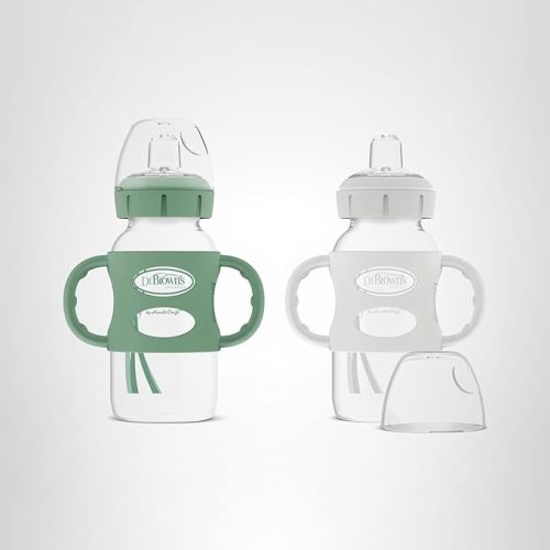 Dr. Brown's Milestones Wide-Neck Sippy Spout Bottle with 100% Silicone Handles, Easy-Grip Handles with Soft Sippy Spout, 9oz/270mL, Green & Gray, 2-Pack, 6m+