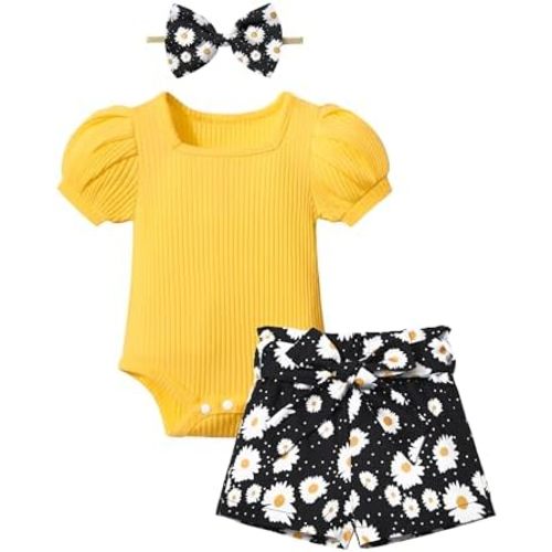 KANGKANG Baby Girl Clothes Short Sleeve Romper Top + Shorts + Bow Headband Infant Summer Outfits Set