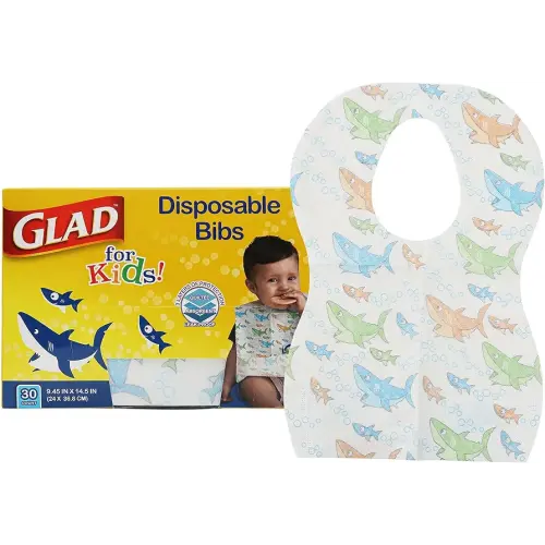 Glad for Kids Sharks Paper Bibs, 30 Count - Disposable Paper Bibs with Cute Sharks Design for Kids - Travel Bibs for Kids - Art & Craft Disposable Kids Bibs