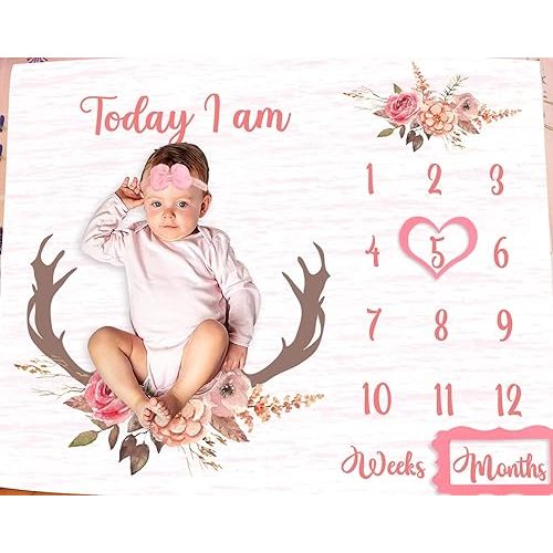 Monthly Milestone Blanket for Baby Girl, Deer Antler Flowers with Words Pink Baby Growth Chart Monthly Blanket | Includes Markers 47"x47" BTLSPH68