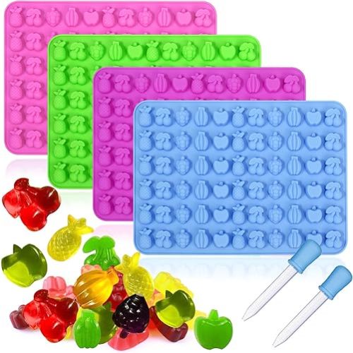 Palksky 4PCS Fruit Snack Molds Silicone, Gummy Molds Trays with Dropper for Candy Chocolate Gummies Baking(Cherries Grape Banana Apple Pineapple)