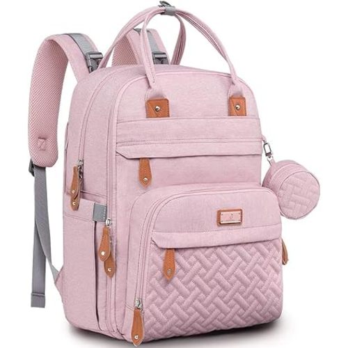 BabbleRoo Diaper Bag Backpack - Baby Essentials Travel Tote Multi function Waterproof Bag, with Changing Pad, Stroller Straps & Pacifier Case Unisex, Pink
