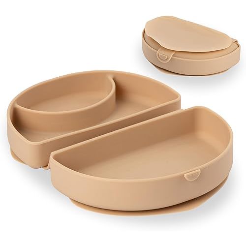 Miniware Silifold - Silicone Baby Plate - Compact & Foldable Baby Travel Essential to Promote Self-Feeding - Food Grade Silicone Baby Plates & Toddler Plates - BPA Free Baby Essentials (Almond Butter)