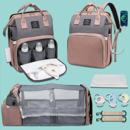 JUUTREN Baby Diaper Bag Backpack, Large Capacity Pamper Bags with Foldable Changing Station, Diaper Bag Organizing Pouches, Multifunctional Travel Back Pack for Moms and Dads, USB Charging Port