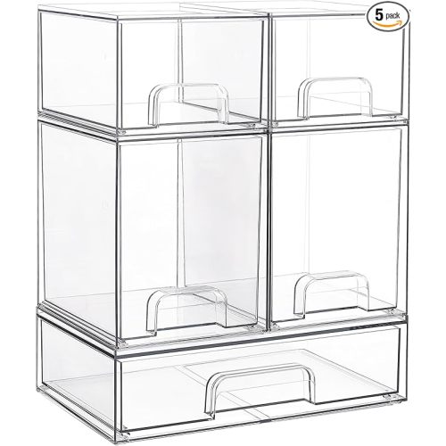 Vtopmart Stackable Storage Drawers Set of 5, Clear Plastic Organizer Bins for Beauty Supplies,Ideal for Vanity, Bathroom,Cabinet,Pantry Organization