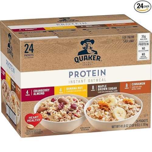 Quaker Instant Oatmeal, Protein 4 Flavor Variety Pack, 7g+ Protein, Individual Packets, 24 Count