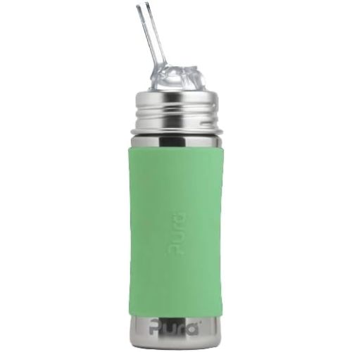 Pura Kiki 11oz/325ml Stainless Steel Straw Bottle w/Sleeve, 100% Plastic-Free, MadeSafe Certified, 100% Medical-Grade Silicone Straw for Kids, Toddlers, Preschoolers, Babies & Infant - New Moss