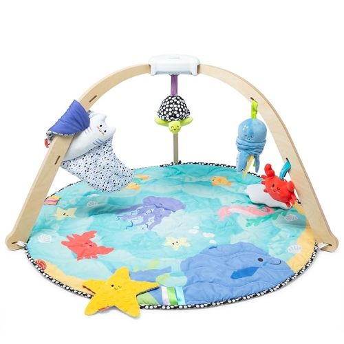 Melissa & Doug Ocean Easy-Fold Wooden Play Gym for Infants, Reversible Mat, 5 Soft Toys, Birth to 9 Months - FSC-Certified