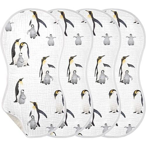 Emperor Penguins Pattern Muslin Burp Cloths for Baby 4 Pack 100% Cotton Baby Washcloths Bibs for Boy Girl