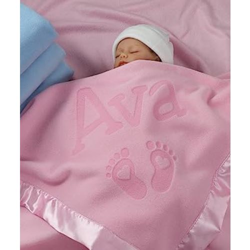 Custom Catch Personalized Newborn Gift Baby Blanket for Girl - Name with Infant Heart Feet Design - Pink or Blue (1 Line Text)