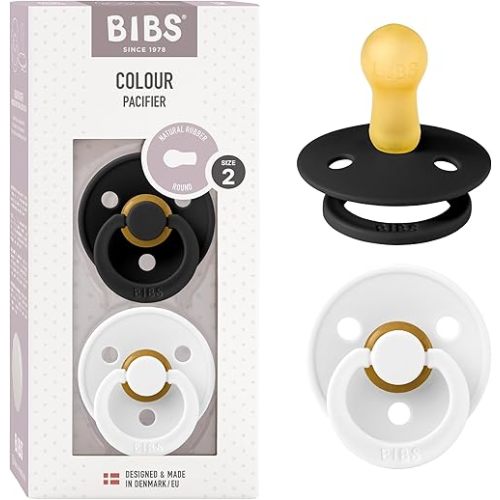 BIBS Pacifiers Colour Collection | Natural Rubber Baby Pacifier | Set of 2 BPA-Free Soothers | Made in Denmark | 0+ Months (Pack of 2) | Black/White
