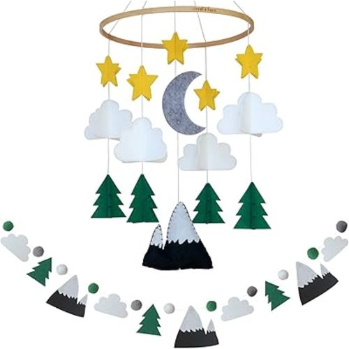 Baby Crib Mobile (Starry Woodland Night w/Garland, Evergreen) - Nursery Decoration Crib Mobile and Baby Shower for Boys & Girls