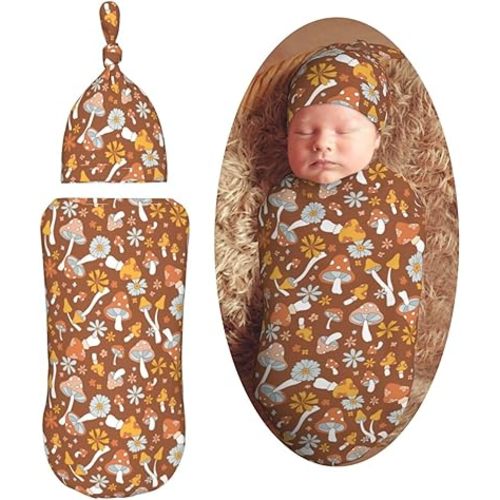 Orange Flower Mushroom Newborn Swaddle Blankets Hat Sets Soft Baby Receiving Blanket Swaddle Sack for Baby Shower Infant Boy Girl Gift
