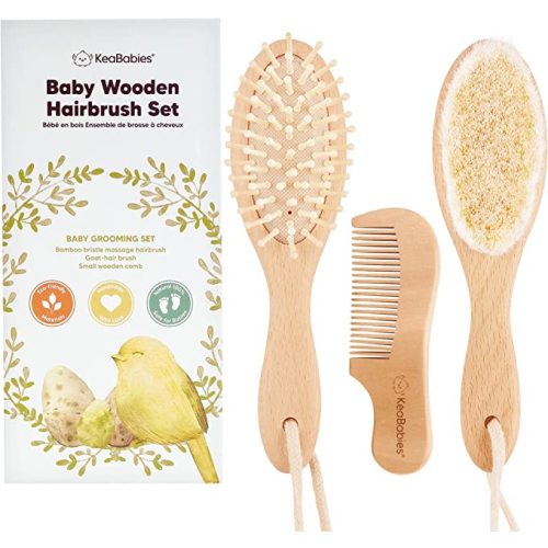 Baby Hair Brush and Baby Comb Set - Wooden Baby Brush with Soft Goat Bristle - Toddler Hair Brush Baby Brush and Comb Set - Baby Brush Set for Newborns - Infant Hair Brush, Cradle Cap (Oval, Walnut)