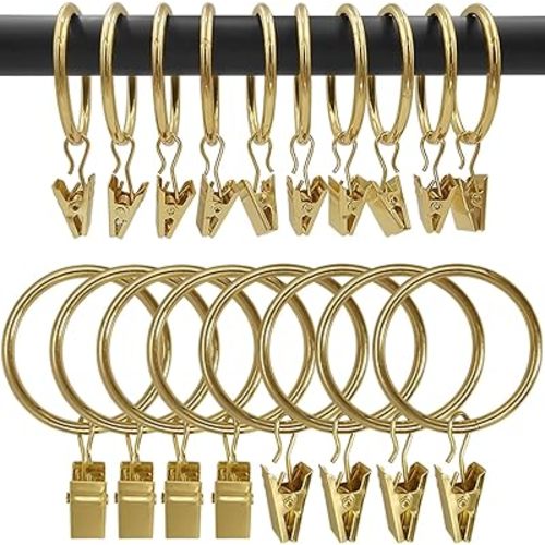 100 Pack Metal Curtain Rings with Clips, Drapery Clips Hooks, Decorative Curtain Rod Clips 1.5 in Interior Diameter, Gold