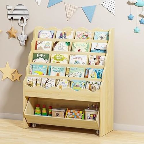 5-Tier Wooden Book Shelves, Large Size Kids Bookshelf and Toy Organizer, Toy Storage Drawer with Wheels for All Ages Boy and Girl, Toddler Scalloped Book Shelf for Kids Room Playroom Nursery