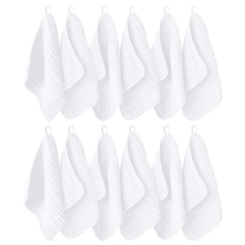 Ease Cubs 12 Pack Muslin Washcloths for Baby - 100% Cotton Baby Wash Cloths for or Baby Face Body Comfy and Soft for Newborn Infants Kids Girls and Boys - 12"x12" - White