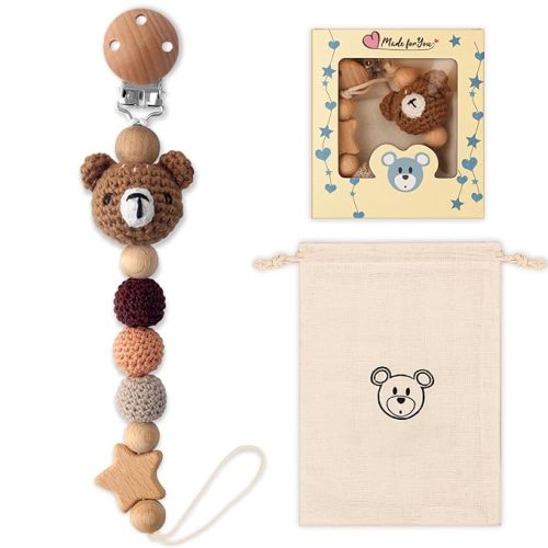 Pacifier Clip, 2 Pack Pacifier Holder for Boys and Girls, Cute Deer Handmade Knitted Christmas Pacifier Clip Fits for Most Pacifier, Baby Teethers, Baby Shower and Baby Gift(Elephant&Deer)