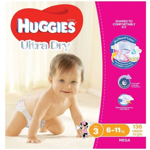 Huggies Nappies Mega Crawler Girl 136 Pack Size 3