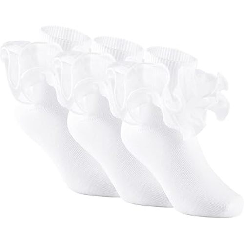 3 Pairs Girls Ruffle Socks Big Double Lace Frilly Trim Dress Socks