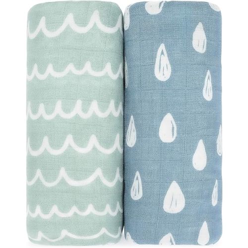 Comfy Cubs Muslin Swaddle Blankets Pack of 2 - 47 x 47 Inch Soft Cotton Baby Blanket Set, Large Multipurpose Wraps for Newborns - Self-Soothing Swaddles for Newborns - Rain & Doodle