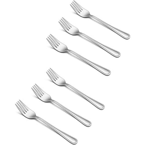 TeamFar Toddler Forks, 6 Pcs Stainless Steel Kids Utensil Small Fork for Child Self Feeding, with Line Patterned Edge, Non Toxic & Healthy, Mirror Surface & Dishwasher Safe, Easy to Grip