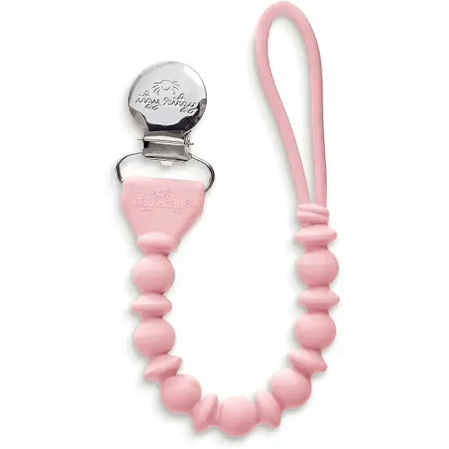 Itzy Ritzy Silicone Pacifier Clip; 100% Food Grade Silicone Pacifier Strap with Clip Keeps Pacifiers, Teethers & Small Toys in Place; Features One-Piece Design & Silicone Cord (Pink with Silver Clip)
