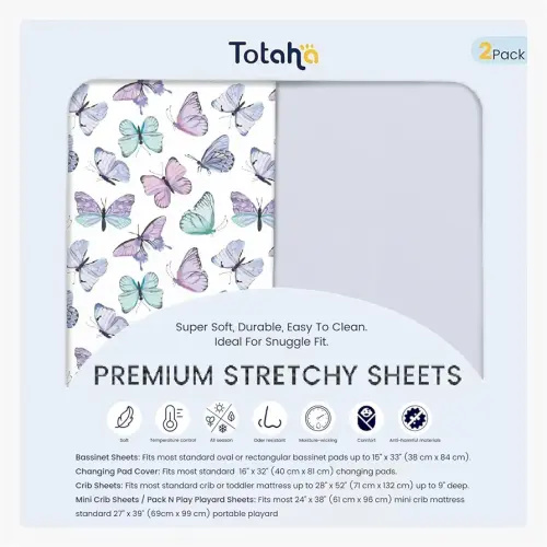 TotAha Soft Crib Sheets Girl-Hypoallergenic, Silky Comfort, Buttery Soft, Calming Effect, Premium All-Season Jersey-Knit Sheets, 9'' Extra Deep Pocket, Purple Butterfly