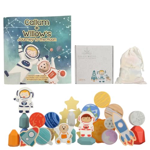 Toddler 30 Piece Stacking Wood Blocks Space Gift - Montessori 2 Year Old Fine Motor Skills Toy Learning Stacking Shape Sorter Sensory Preschool Busy Journey to the Moon (Book and Block Set, Wood)