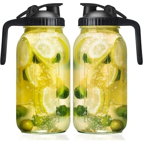 Glass Mason Jars Pitcher 64 Oz Pour Spout Lids & Handle (2 Pack) Wide Mouth Airtight Leak Proof Fridge Breast Milk Pitcher With Top Flip Cap 2 Quart Water Jug For Cold Brew Coffee, Iced Tea,