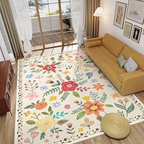 Machine Washable Area Rugs 5X7 - Washable Floral Rugs with Non Slip Backing for Living Room Bedroom Dining Room Stain Resistant, Floral Soft Low-Pile Large Rugs for Playroom, Beige