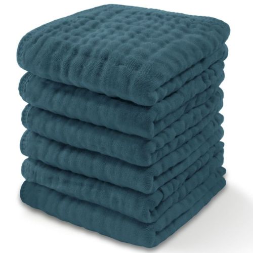 Baby Washcloths Muslin Cotton, Large 10”x10” By Comfy Cubs (pacific Blue, Pack Of 6)