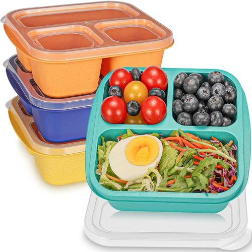 Bento Box For Kids, 4 Pack 3 Compartments Meal Prep Containers Reusable Lunch Containers, Food Storage Containers With Lids, Stackable Snack Boxes for School, Work, and Travel