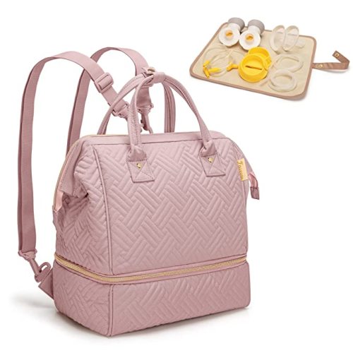 Fasrom Small Breast Pump Bag Backpack with Cooler Compatible with Medela and Elvie Pumps, Wearable Pumping Tote Bag with Waterproof Mat for Working Moms (Patent Design), Pink