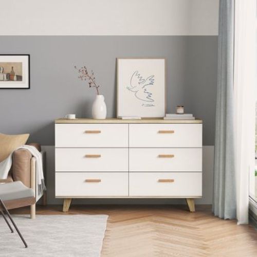 47.2"w Modern 6 Drawer Dresser With Wooden Leg And Handle, Brown+white - Modernluxe