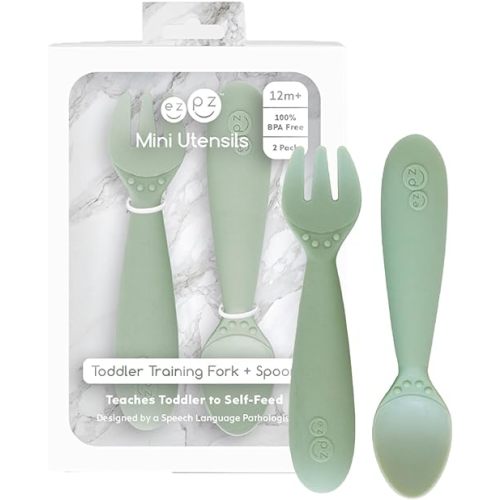 ezpz Mini Utensils - 12 Months+ (Fork & Spoon in Sage) - 100% BPA Free Fork and Spoon - Toddler Utensils - Designed by a Pediatric Feeding Specialist