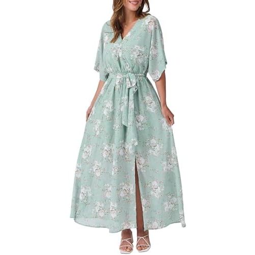 ANRABESS Women’s Summer Loose Boho Flowy Wrap V Neck 3/4 Sleeve Floral Print Slit Beach Wedding Guest Long Maxi Dresses