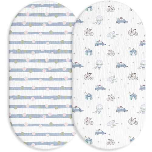 Muslin Bassinet Fitted Sheets 2 Pack, Soft Breathable Cotton Baby Bassinet Mattress Sheet Set, 360° Elastic Snug Fit, Universal for Oval, Rectangle & Hourglass Cradle, Unisex Baby Bedding (Cute Cars)