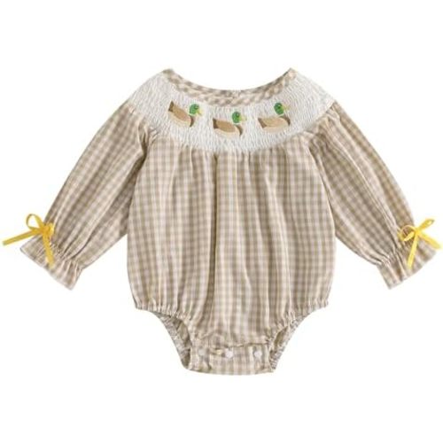 SAYOO Baby Girls Duck Romper Mallard Duck Embroidery Smocked Bubble Romper Bodysuit Newborn Infant Toddler Hunting Outfit